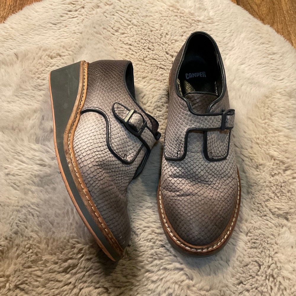 Camper Magna Wedge Size 38 Snakeskin Embossed Oxford Monk Strap Shoes‎ Womens